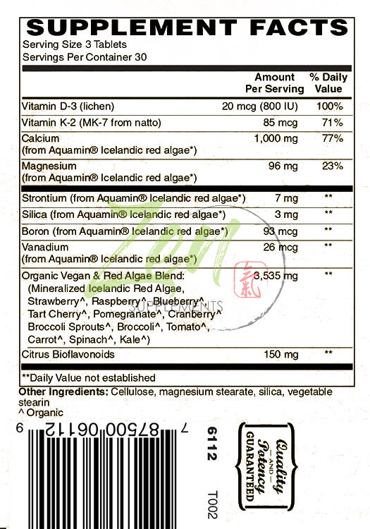 Algae Based Calcium, with Magnesium, Vegan D3 & Vegan K2 and trace minerals 90-Tabs - Plant-Based Calcium Supplement with Magnesium, Boron, Promotes Bone Strength - All Natural Ingredients to be Highly Absorbable
