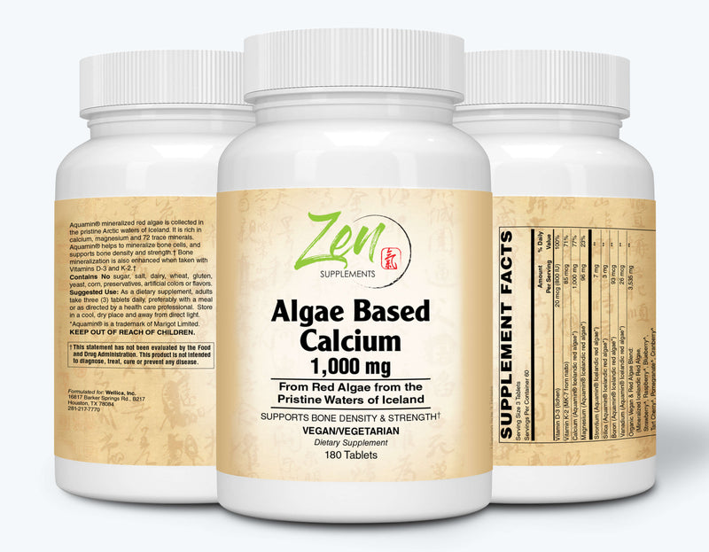 Zen Supplements - Algae Based Calcium 1,000Mg Icelandic Red Algae 180-Tabs - Plant-Based Calcium Supplement with Magnesium, Boron, Vitamin K2 + D3 - Increases Bone Strength - All Natural Ingredients to be Highly Absorbable