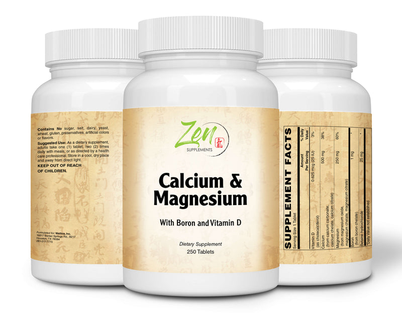 Zen Supplements - Hi Potency Calcium & Magnesium with D3 & Boron for enhanced absorption, Supports Bone Health & Bone Density 250-Tabs