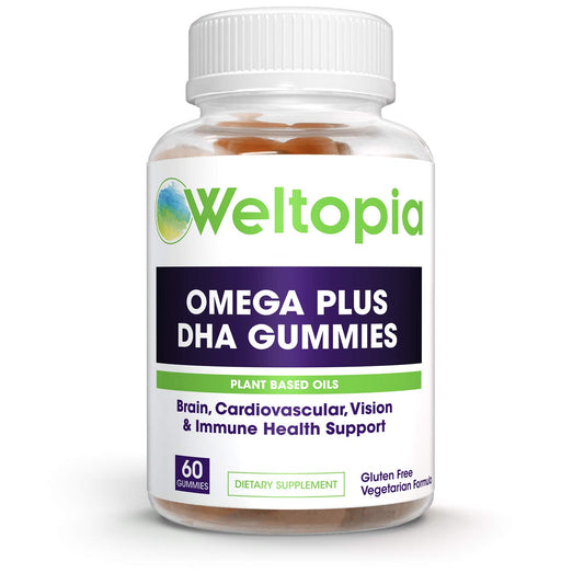 Premium Omega Plus DHA - 60 Gummies - Brain and Cardiovascular Support, Vision and Immune Health, Pure Plant Based Oils, Non-GMO Gummies