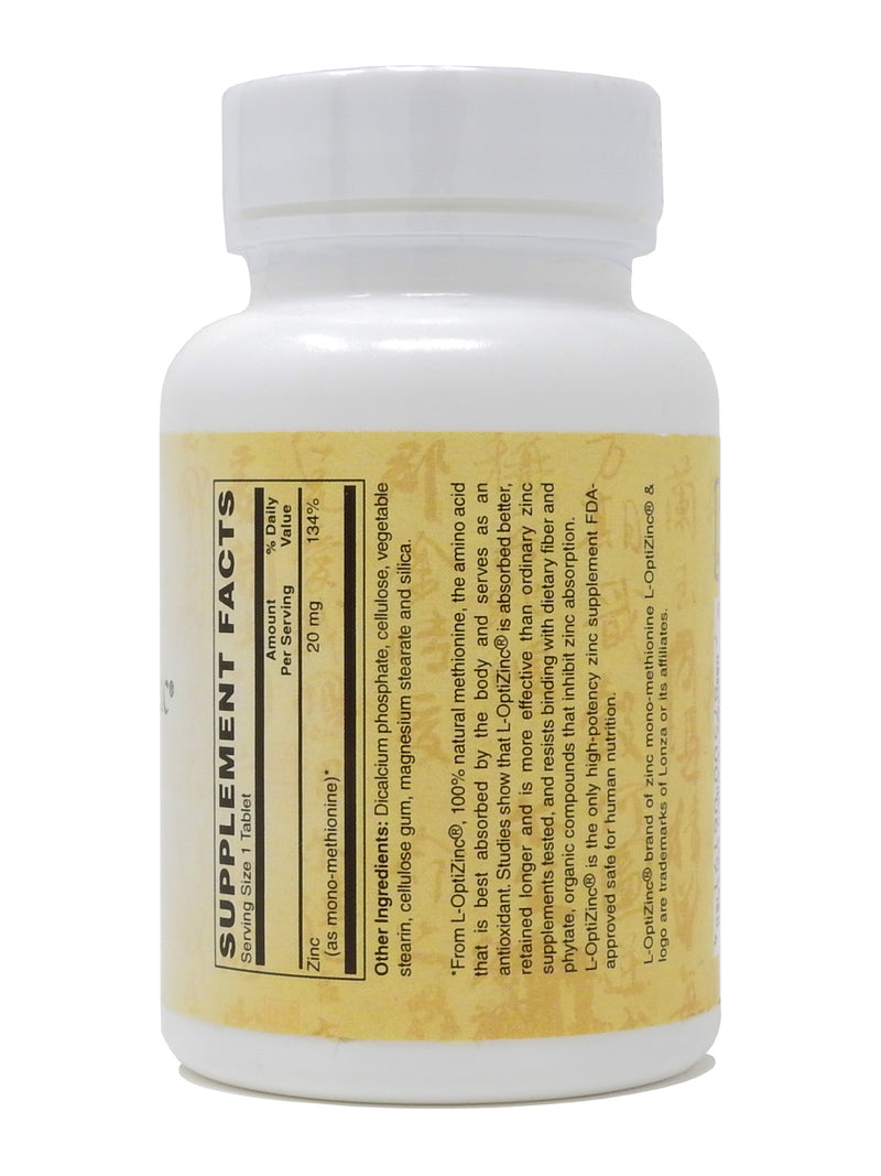 Zen Supplements - Zinc 20 Mg with L-OptiZinc® High Bioavailable Form of Zinc for Immune Support 100-Tabs