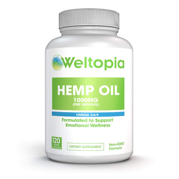 Weltopia - Hemp Oil 1000MG - Premium Organic Hemp Oil Extract Capsules - Reduce Pain, Anxiety, and Stress - All Natural Omega 3, 6, 9 - Brain Boost Supplement, Memory, Focus, Clarity - for Great Sleep