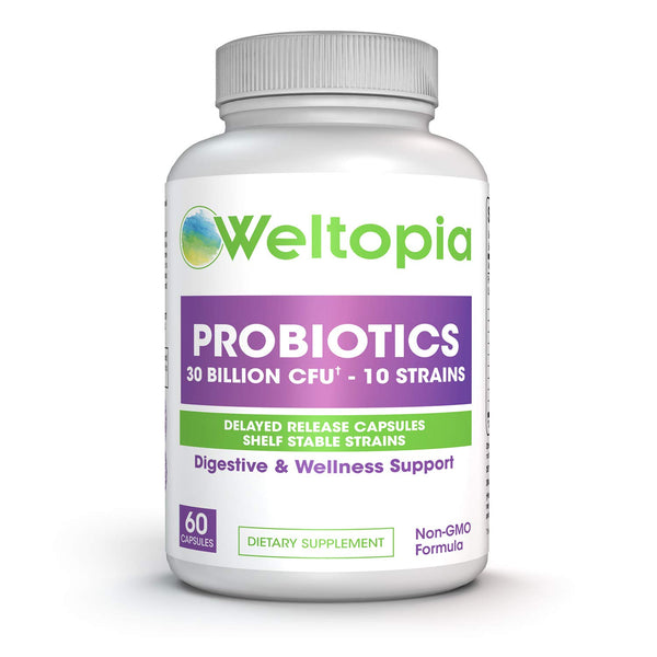 Weltopia -Shelf Stable Probiotics - 30 Billion - 10 Strains - Delayed Release & Spore Forming Strains - Includes prebiotics. 60 Days Supply