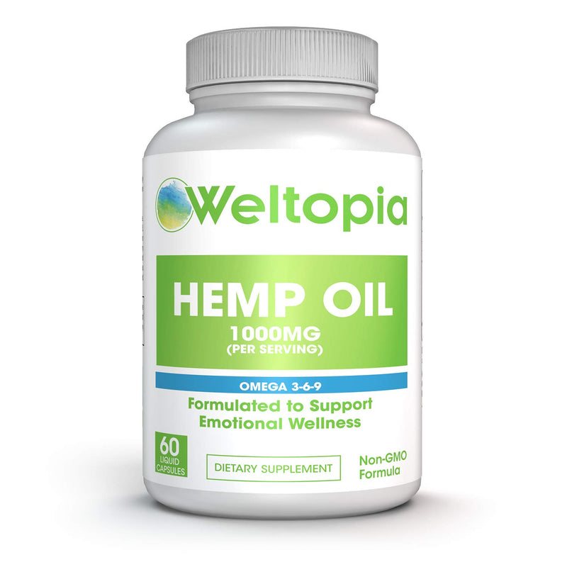 Weltopia - Hemp Oil 1000MG - Premium Organic Hemp Oil Extract Capsules - Reduce Pain, Anxiety, and Stress - All Natural Omega 3, 6, 9 - Brain Boost Supplement, Memory, Focus, Clarity - for Great Sleep