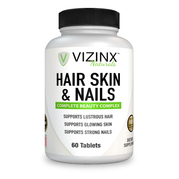 VIZINX Hair Skin & Nails 60 Tablets- This Beauty Complex Supports Lustrous Hair, Glowing Skin & Strong Nails. Includes 5000 mcg Biotin, Hydrolyzed Collagen, Silica, Hyaluronic Acid and More