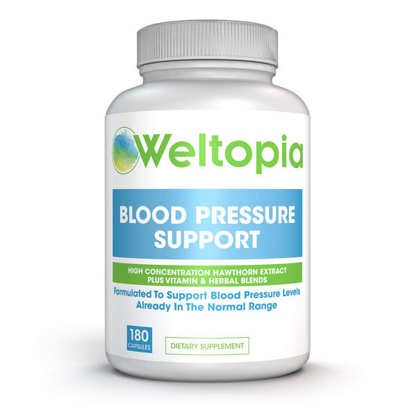 Weltopia - Advanced Blood Pressure Support - 180 Caps - High Concentration Hawthorne Extract, Plus Vitamins, Olive Leaf, Garlic Extract & Hibiscus Supplement