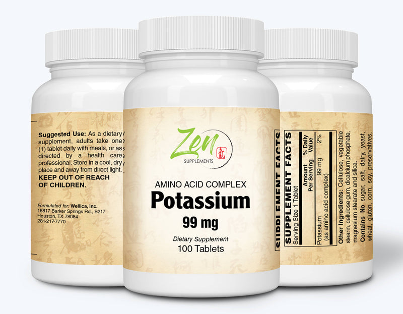 Zen Supplements - Potassium 99 mg (Amino Acid) 100-Tabs - Fluid & Electrolyte Balance Formula - Heart, Nerve & Muscle Function Support