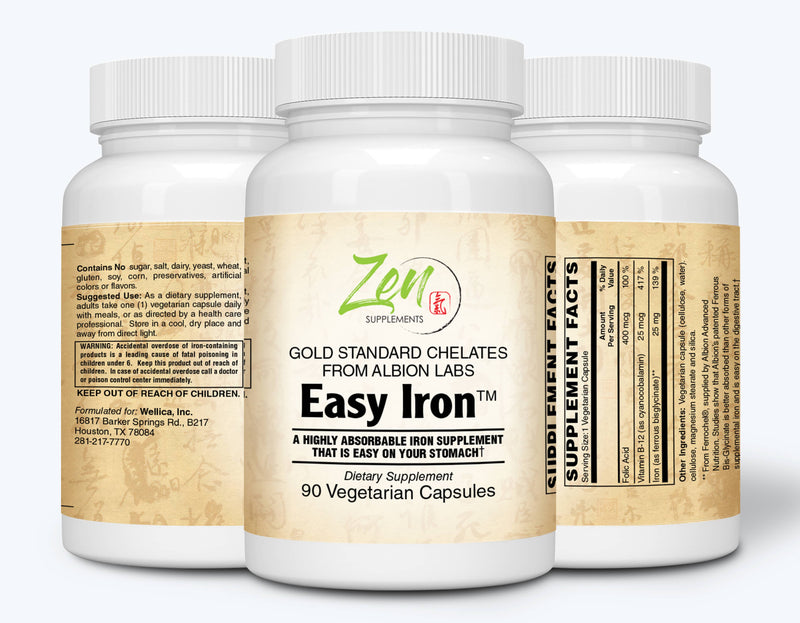 Zen Supplements - Easy Iron 25 Mg - Red Blood Cell Supplement - Easy on the Stomach - for Sensitive Stomachs, Non-Constipating 90-Vegcaps