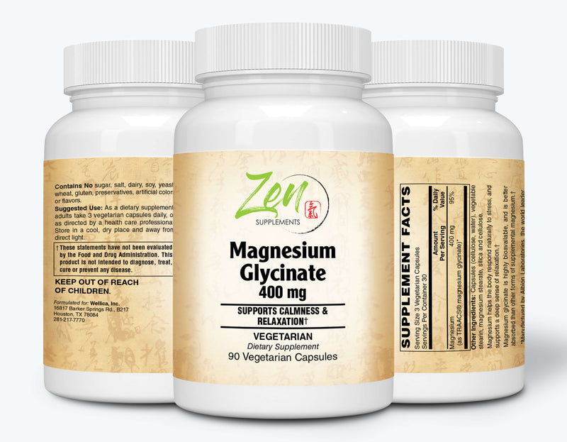 Zen Supplements - Magnesium Glycinate 400Mg - Promotes Calmness & Sleep Quality, Support for Muscle Cramps & Soreness, Heart & Blood Pressure Functions & Blood Sugar Balance 90-Vegcaps