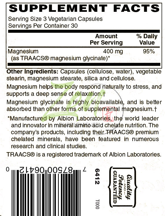 Magnesium Glycinate 400Mg - Promotes Calmness & Sleep Quality, Support for Muscle Cramps & Soreness, Heart & Blood Pressure Functions & Blood Sugar Balance 90-Vegcaps