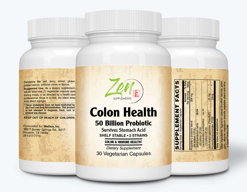 Zen Supplements - Colon Health 50 Billion CFU Probiotic with Acidophilus & Bifido Shelf Stable Strains for Gut & Digestive Health, in Delayed Release VegCaps 30-Vegcaps