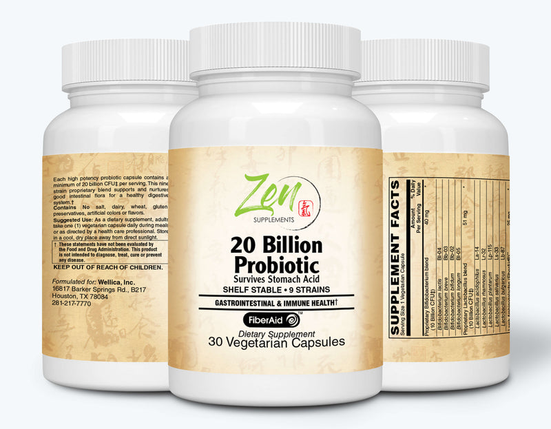 Zen Supplements - 20 Billion CFU 9 Strain, Multi-Probiotic 30-Vegcaps - Sustained Release Technology, Resist Stomach Acid, Shelf Stable - Support for Healthy Digestion & Intestinal Ecology Favorable Intestinal Flora