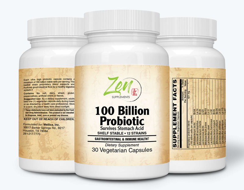 Zen Supplements - 100 Billion Probiotic - 100 Billion CFU with 12 Strains 30-Vegcaps - Sustained Release Technology, Resist Stomach Acid, Shelf Stable - Support for Healthy Digestion & Intestinal Ecology Favorable Intestinal Flora