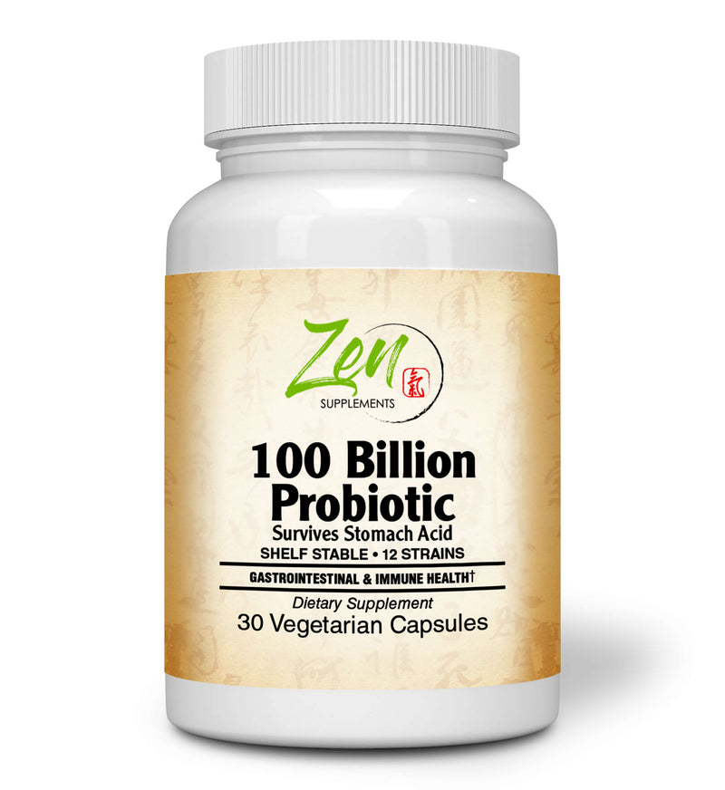 Zen Supplements - 100 Billion Probiotic - 100 Billion CFU with 12 Strains 30-Vegcaps - Sustained Release Technology, Resist Stomach Acid, Shelf Stable - Support for Healthy Digestion & Intestinal Ecology Favorable Intestinal Flora