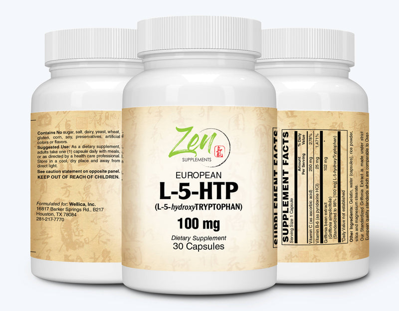 Zen Supplements - L-5HTP 100 Mg W/ C & B-6 30-Caps Serotonin Synthesizers and Cofactor B6 for Improved Serotonin Conversion - 5HTP Supplement for Serotonin Boost, Mood & Sleep Support