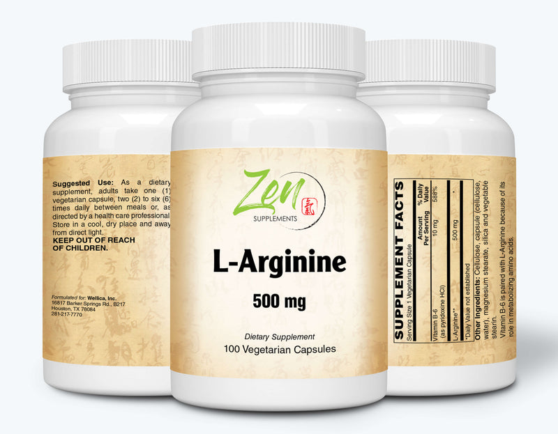 Zen Supplements - L-Arginine 500 Mg W/ B-6 for Energy Production, Heart Health, Muscle Growth Metabolism & NO Booster 100-Vegcaps