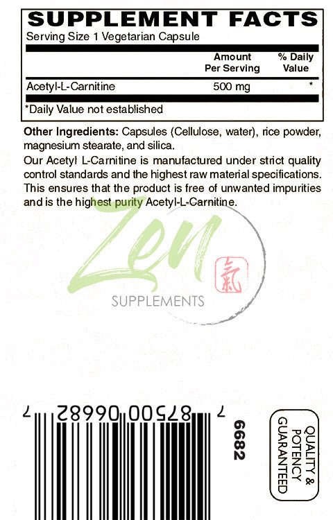 Zen Supplements - Acetyl L-Carnitine 500 Mg 60-Vegcaps - Supplement for Brain Function Support, Memory, Attention & Stamina - Supports Antioxidant Protection for the Brain