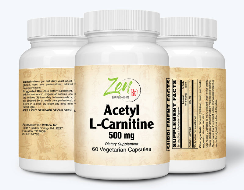 Zen Supplements - Acetyl L-Carnitine 500 Mg 60-Vegcaps - Supplement for Brain Function Support, Memory, Attention & Stamina - Supports Antioxidant Protection for the Brain