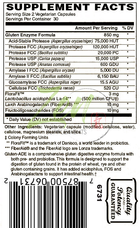 Gluten-Ade Digestive Enzyme Formula with Acidophilus & Prebiotics 60-Vegcaps