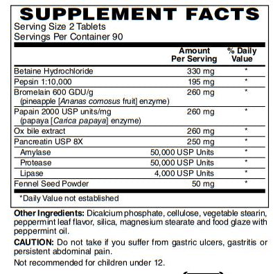 Zen Supplements - Superzymes Multi-Enzyme Formula containing Pepsin, Bromelain, Papain, Pancreatin, & Betaine HCL 180-Tabs