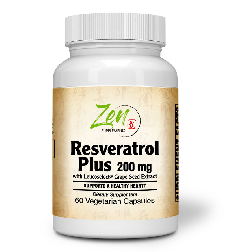 Zen Supplements - Resveratrol 200 Mg Plus Grape Seed Extract Anti Aging Antioxidant Supplement - Promotes Immune, Cardiovascular Health and Blood Sugar Support  60-Vegcaps