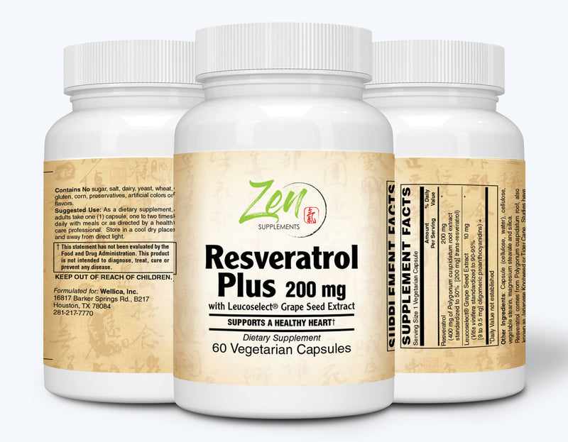 Zen Supplements - Resveratrol 200 Mg Plus Grape Seed Extract Anti Aging Antioxidant Supplement - Promotes Immune, Cardiovascular Health and Blood Sugar Support  60-Vegcaps