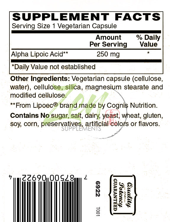 Zen Supplements - Alpha Lipoic Acid 250 Mg 120-Vegcaps - Promotes Healthy Blood Sugar Levels, Supports Glucose Metabolism & Regenerative Antioxidant