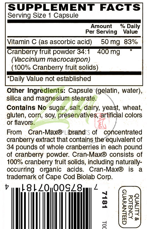 Zen Supplements - Cranberry Concentrate 400 Mg with Vitamin C, CRAN-MAX®for Kidney Support, Bladder Health & Urinary Tract Health 60-Caps