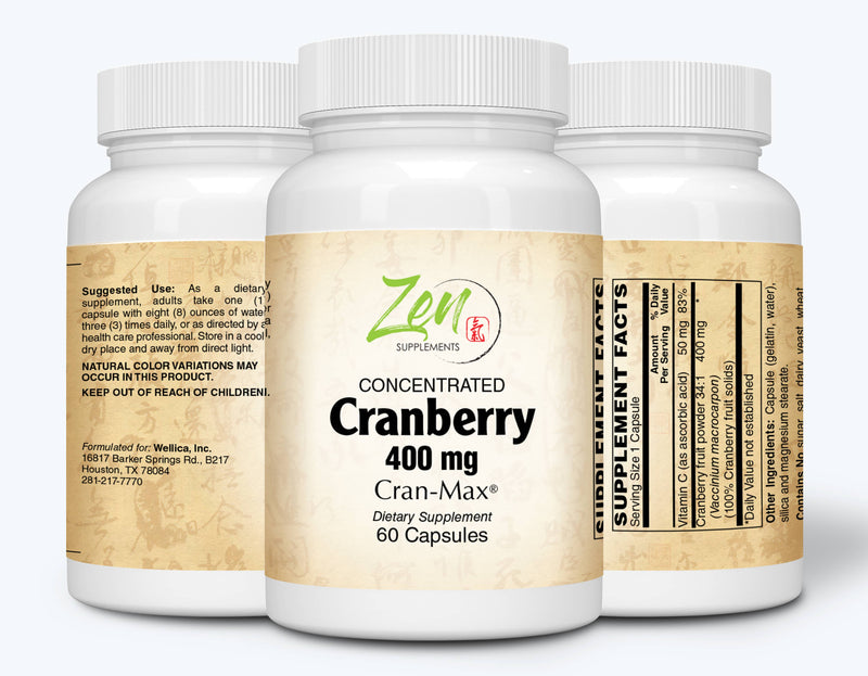 Zen Supplements - Cranberry Concentrate 400 Mg with Vitamin C, CRAN-MAX®for Kidney Support, Bladder Health & Urinary Tract Health 60-Caps