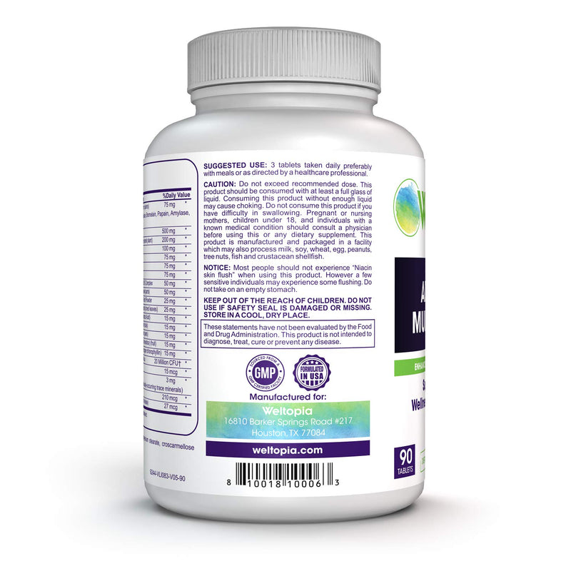 Weltopia - Adult Whole Food Multivitamin - with Enhanced Bioavailability (Prebiotics & Probiotics) - Herbs, Vitamins, Minerals and Enzymes - Non-GMO to Support Blood Health, Immune System, General we