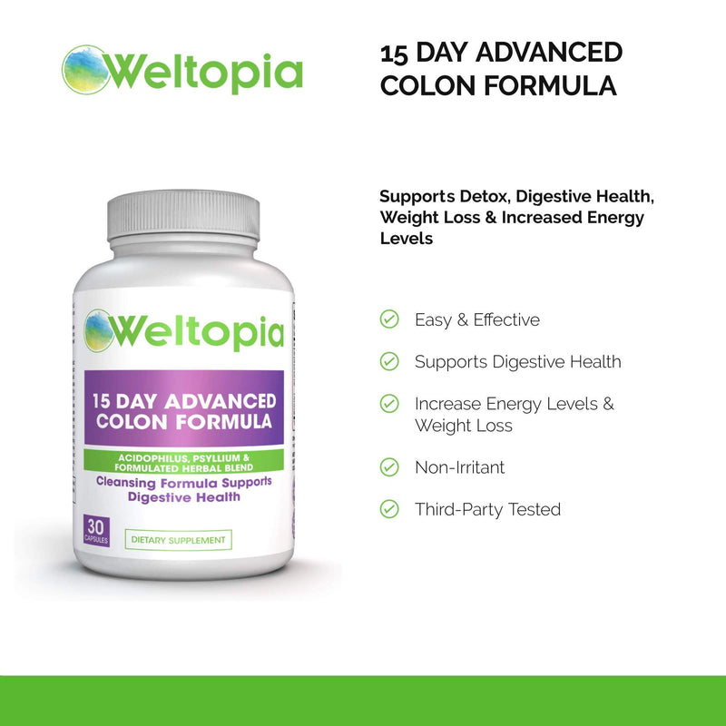 Weltopia - 15 Day Advance Colon Cleanse Formula with Probiotic - to Support Detox, Digestive Health, Weight Loss & Increased Energy Levels - Contains Acidophilus, Fiber, Aloe, Cascara Sagrada, Senna l