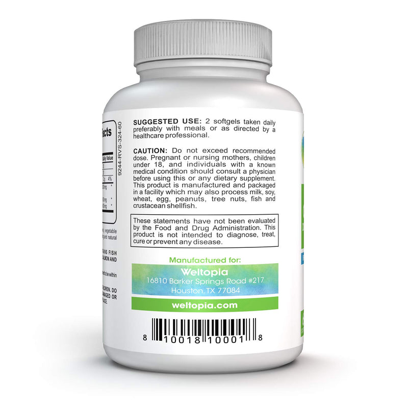 Weltopia - Omega 3 DHA EPA - Fish Oil -Advanced Strength, Burpless - Enteric Coated, Non-GMO, NSF-Certified, Wild Caught Fish