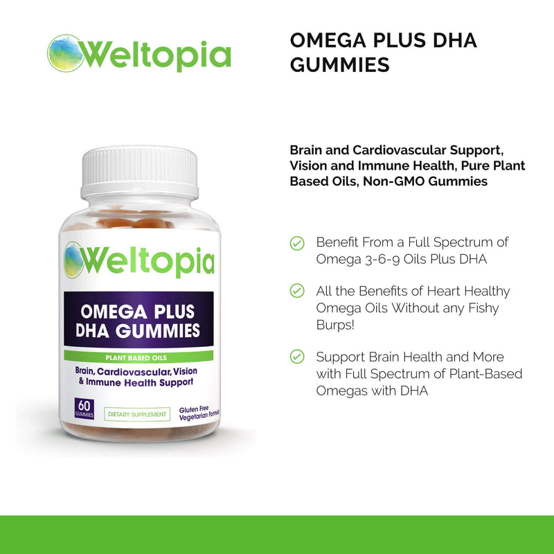 Weltopia - Premium Omega Plus DHA - 60 Gummies - Brain and Cardiovascular Support, Vision and Immune Health, Pure Plant Based Oils, Non-GMO Gummies