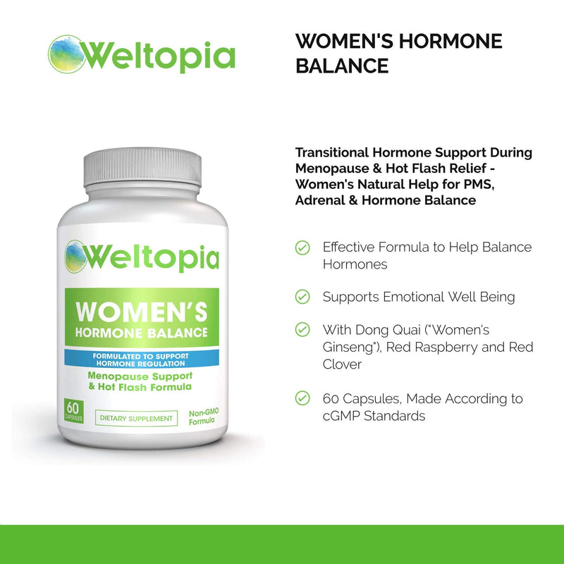 Weltopia - Women's Menopausal Support - Transitional Hormone Support During Menopause & Hot Flash Relief - Women's Natural Help for PMS, Adrenal & Hormone Balance - One Month Supply