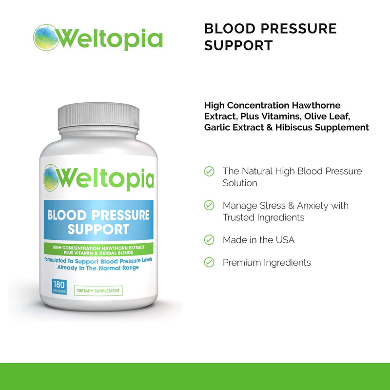 Weltopia - Advanced Blood Pressure Support - 180 Caps - High Concentration Hawthorne Extract, Plus Vitamins, Olive Leaf, Garlic Extract & Hibiscus Supplement