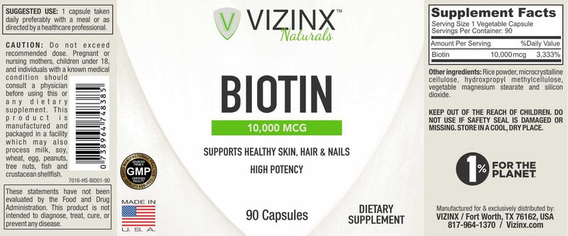 VIZINX Biotin 10,000 MCG - Supports Healthy Skin, Hair & Nails, 90 Vegetarian Capsules