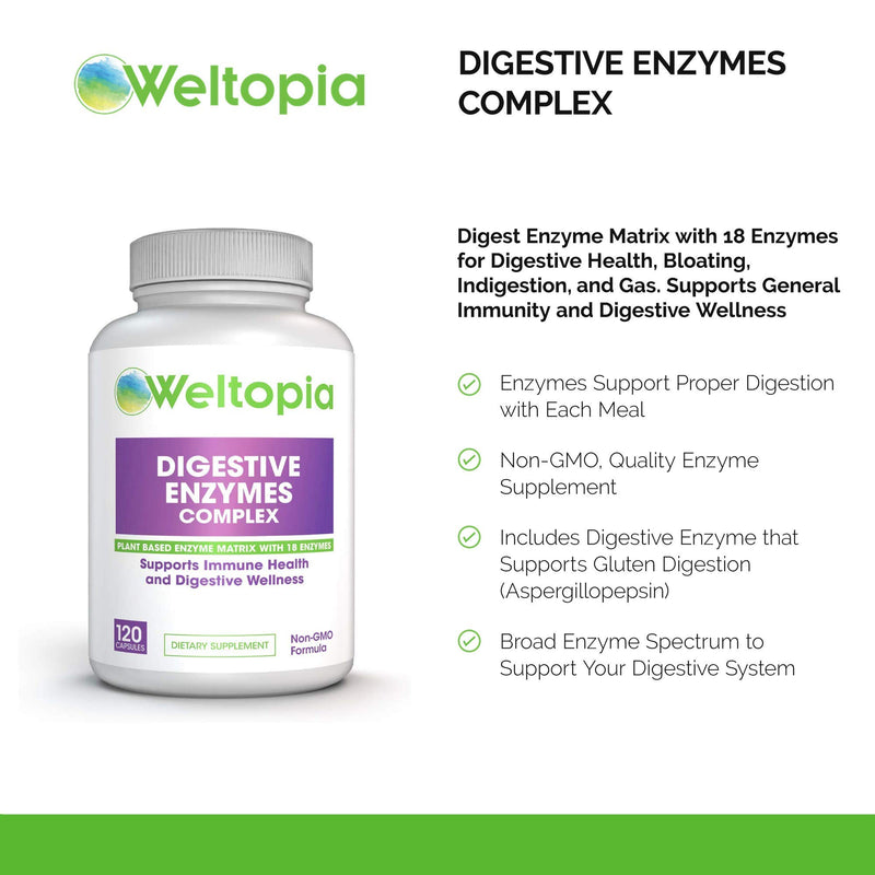 Weltopia - Digestive Enzymes Complex - Digest Enzyme Matrix with 18 Enzymes for Digestive Health, Bloating, Indigestion, Gas. Supports General Immunity and Digestive Wellness