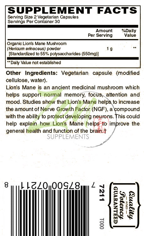 Zen Supplements - Lion's Mane (Organic) Nootropic Brain Supplement and Immune Support, Promotes Mental Clarity, Focus & Memory plus Immune Health 60-Caps