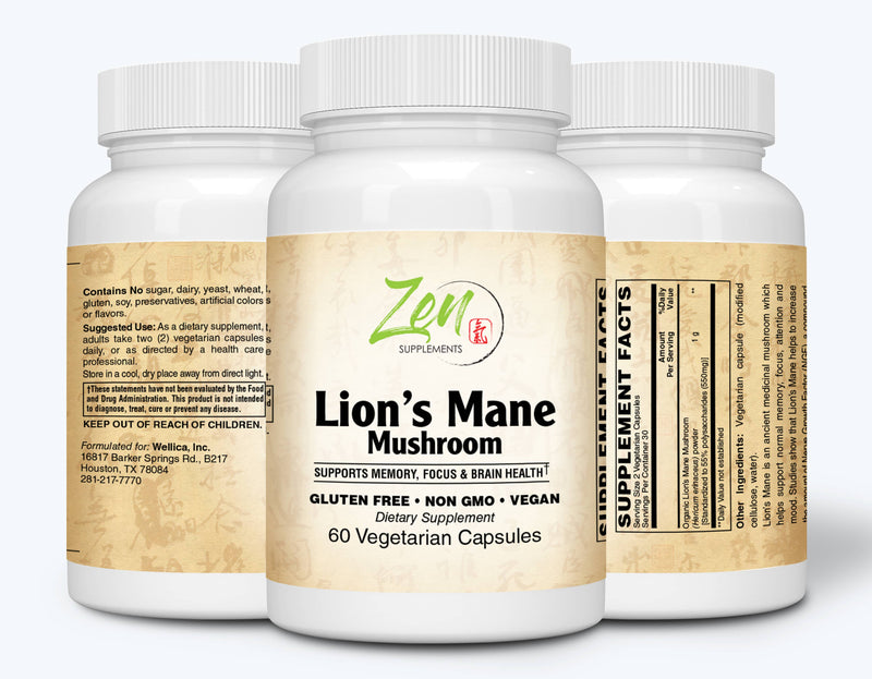 Zen Supplements - Lion's Mane (Organic) Nootropic Brain Supplement and Immune Support, Promotes Mental Clarity, Focus & Memory plus Immune Health 60-Caps