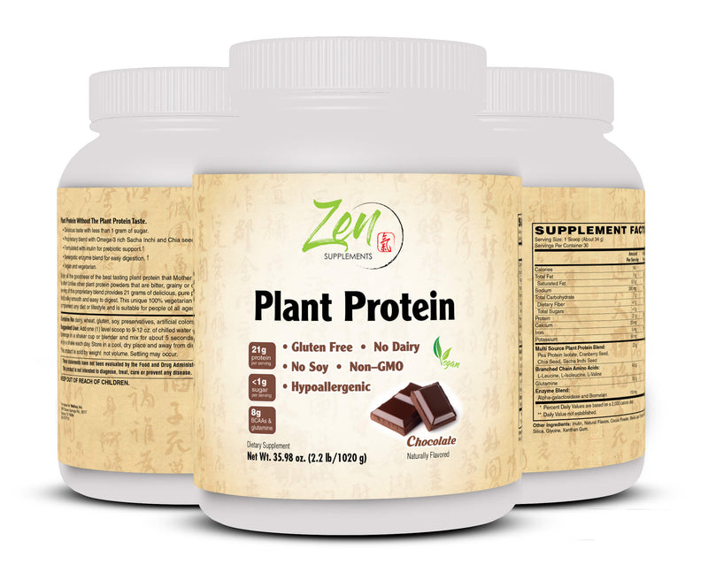 Zen Supplements - Plant Protein-Chocolate 1020G 2.2LB-Powder - 23 Grams of Protein Per Serving -Vegan, Low Net Carbs, Non Dairy, Gluten Free, Lactose Free, No Sugar Added, Soy Free, Kosher, Non-GMO