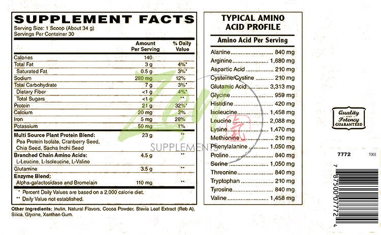 Plant Protein-Chocolate 1020G 2.2LB-Powder - 23 Grams of Protein Per Serving -Vegan, Low Net Carbs, Non Dairy, Gluten Free, Lactose Free, No Sugar Added, Soy Free, Kosher, Non-GMO