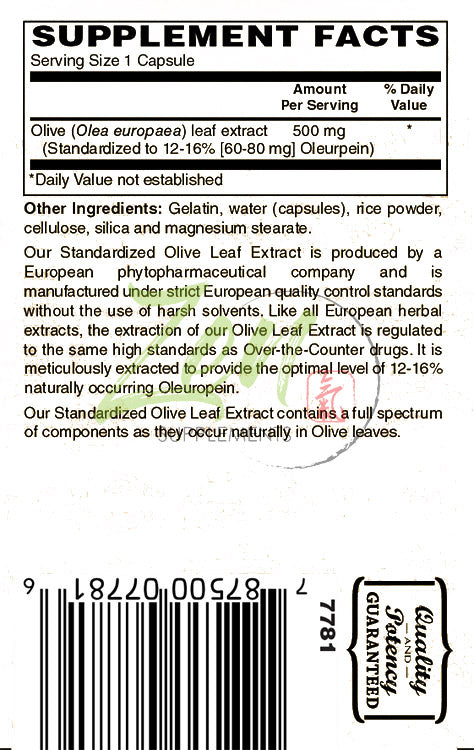 Olive Leaf 500 mg Standardized Oleuropein Antioxidant Supplement Promotes Immune Support and Immune Response & Cardiovascular Health  60-Caps