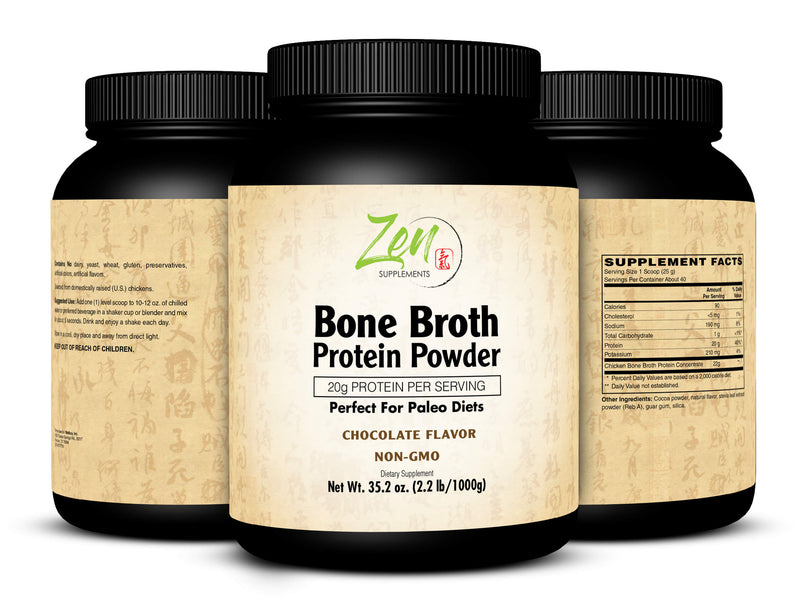 Zen Supplements - Bone Broth for Keto and Paleo Diets - Chocolate 2.1 LB-Powder - 22g of Protein Per Serving -Promotes Joint Health, Gut Health, Hair, Skin & Nails Health, Brain Health and Healthy Aging