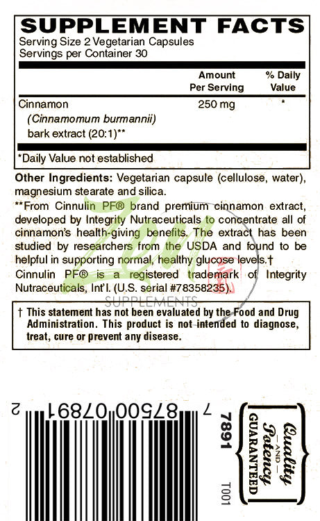 Zen Supplements - Cinnamon Extract 250 Mg Antioxidant Helps Maintain Blood Sugar Levels, Improve Cardiovascular Health, Enhance Insulin Function 60-Caps