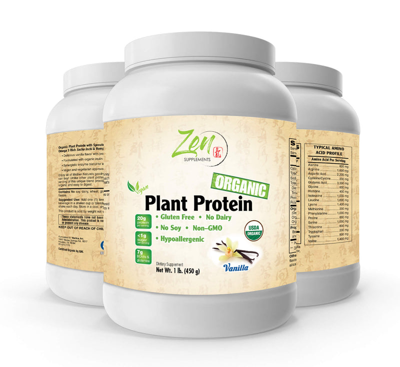 Zen Supplements - Organic Plant Protein Vanilla 1 LB-Powder - 25.5g of Organic Protein per Serving - Certified Non-GMO, Gluten Free and Vegan-friendly Organic Protein Powder.