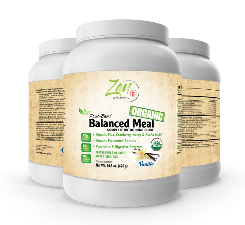 Zen Supplements - Organic Plant Based Protein Balanced Meal, Vanilla Flavored - with 22g Protein, Plus Vitamins & Nutrients - Certified Non-GMO, Gluten Free and Vegan-friendly Organic Protein Powder. Vanilla 14.8 Oz-Powder