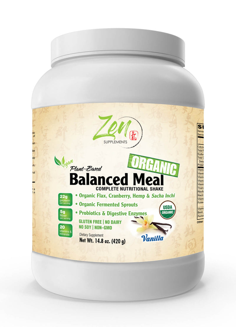 Zen Supplements - Organic Plant Based Protein Balanced Meal, Vanilla Flavored - with 22g Protein, Plus Vitamins & Nutrients - Certified Non-GMO, Gluten Free and Vegan-friendly Organic Protein Powder. Vanilla 14.8 Oz-Powder