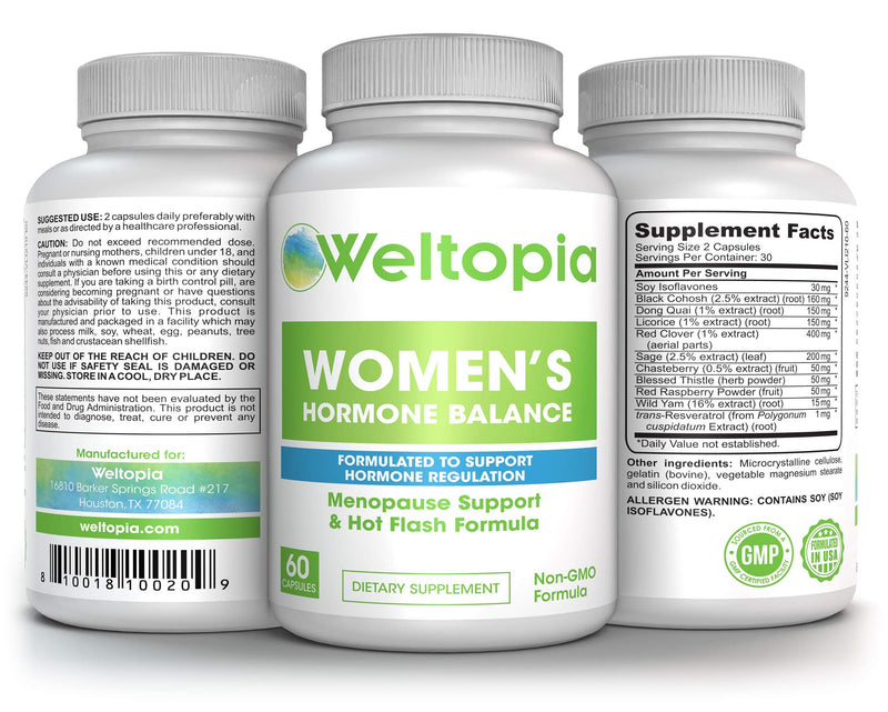 Weltopia - Women's Menopausal Support - Transitional Hormone Support During Menopause & Hot Flash Relief - Women's Natural Help for PMS, Adrenal & Hormone Balance - One Month Supply