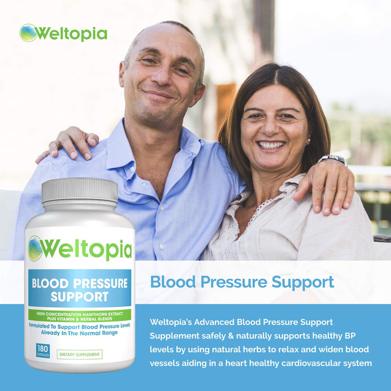 Weltopia - Advanced Blood Pressure Support - 180 Caps - High Concentration Hawthorne Extract, Plus Vitamins, Olive Leaf, Garlic Extract & Hibiscus Supplement