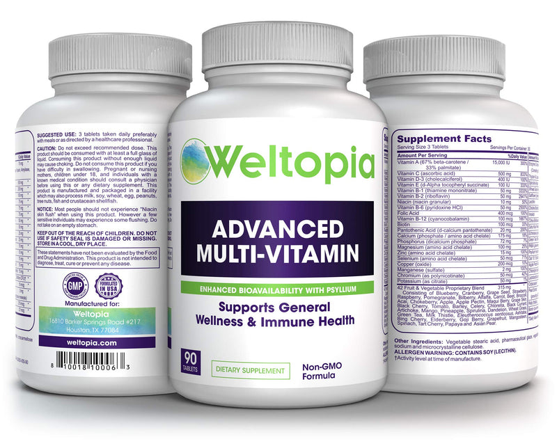 Weltopia - Adult Whole Food Multivitamin - with Enhanced Bioavailability (Prebiotics & Probiotics) - Herbs, Vitamins, Minerals and Enzymes - Non-GMO to Support Blood Health, Immune System, General we